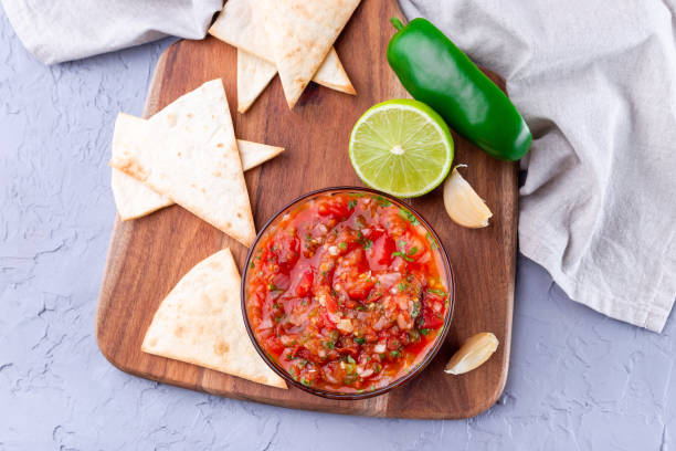 Traditional Tex-Mex cuisine salsa Asada sauce, horizontal, top view stock photo