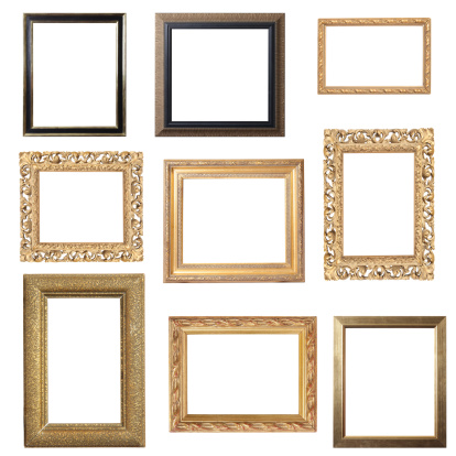 Exquisite Gold Frame Selection for placement of images. Pure white background for easy editing. Can be used as portrait or landscape frames. 