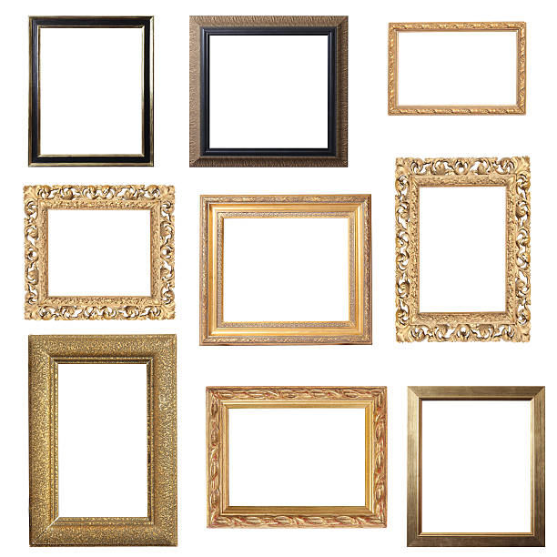 Assorted Gold Frames Exquisite Gold Frame Selection for placement of images. Pure white background for easy editing. Can be used as portrait or landscape frames.  square shape photos stock pictures, royalty-free photos & images