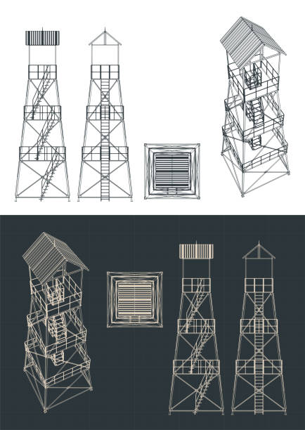 Guard tower blueprints Stylized vector illustration of blueprints of guard tower lookout tower stock illustrations