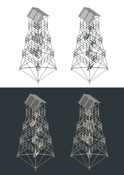 Guard tower isometric blueprints Stylized vector illustration of isometric blueprints of guard tower prison watch tower stock illustrations