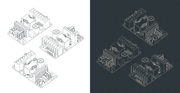 PSU board Blueprints Stylized vector illustration of isometric blueprints of PSU board power supply stock illustrations