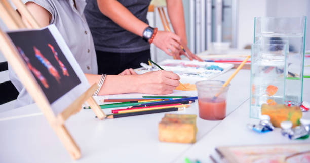 istock Learn to draw fish. Sketch, paint and coloring on paper. Education adart class. 1338693790