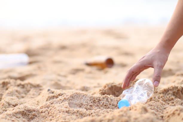 Environment, Ecology Care, Renewable Concept. Volunteer or Traveller Collecting Plastic Bottle Waste on the Beach Sand. Keep Beach Clean stock photo