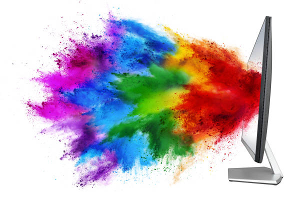 modern black silver pc computer monitor with colorful rainbow spray holi powder cloud explosion through flat screen isolated white background. multimedia abstract industry art streaming concept modern black silver pc computer monitor with colorful rainbow spray holi powder cloud explosion through flat screen isolated on white background. multimedia abstract industry art streaming concept photoshop texture stock pictures, royalty-free photos & images