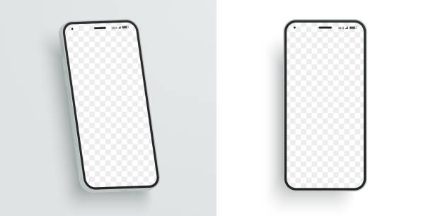 빈 화면으로 스마트 폰 모형을 벡터로 지정하여 디자인을 선보입니다. 다른 각도에서 현대 휴대 전화. 화면 장치 모형. ui, ux 데모에 이상적입니다. - iphone stock illustrations