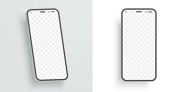 Vector illustration of Vector smartphone mockup with blank screen to showcase your design. Modern mobile phone at different angles. Screen device mockup. Ideal for ui, ux demonstration.