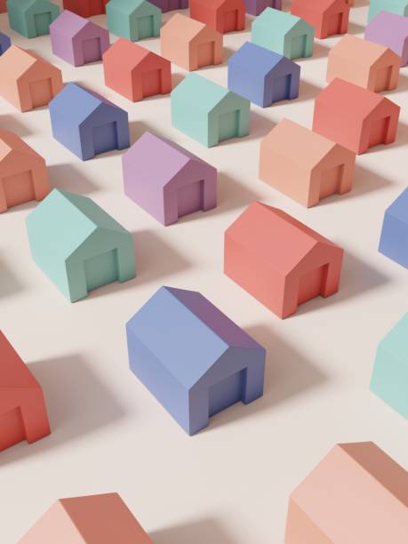 3D Rendering Multi Pastel Colors Studio Shot Miniature or Rainbow Jigsaw Blocks Houses Background for Card, Poster or Web Banner. Purple, Yellow, Pink and