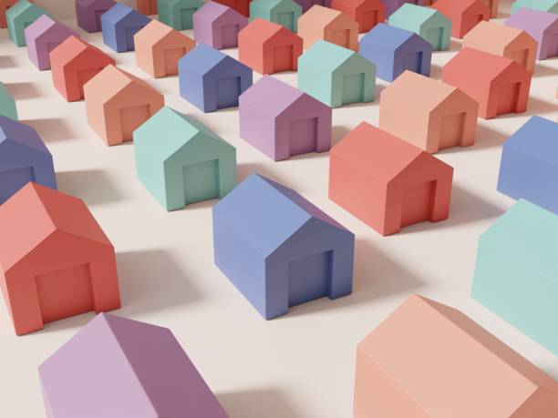istock 3D Rendering Multi Pastel Colors Studio Shot Miniature or Rainbow Jigsaw Blocks Houses Background for Card, Poster or Web Banner. Purple, Yellow, Pink and 1338697381