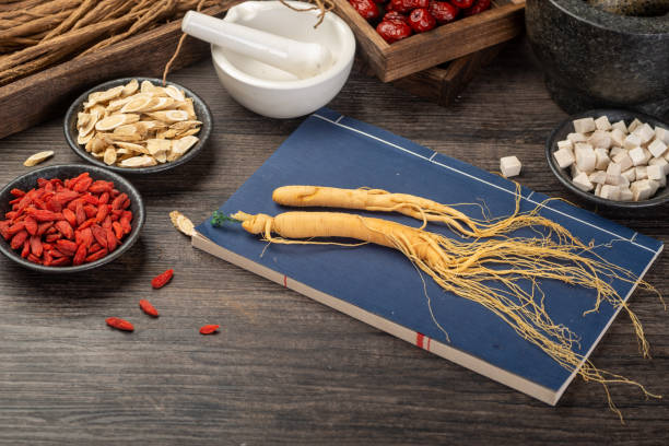 antichi libri di medicina cinese ed erbe sul tavolo - astragalus root foto e immagini stock