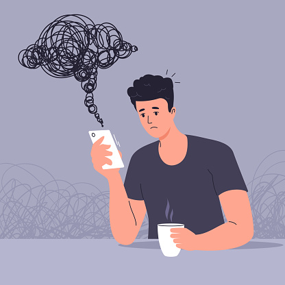 Young man reads bad news on smartphone and is sad. Upset man looking at smartphone screen. The negative influence of social media. Depressed mood. Vector illustration