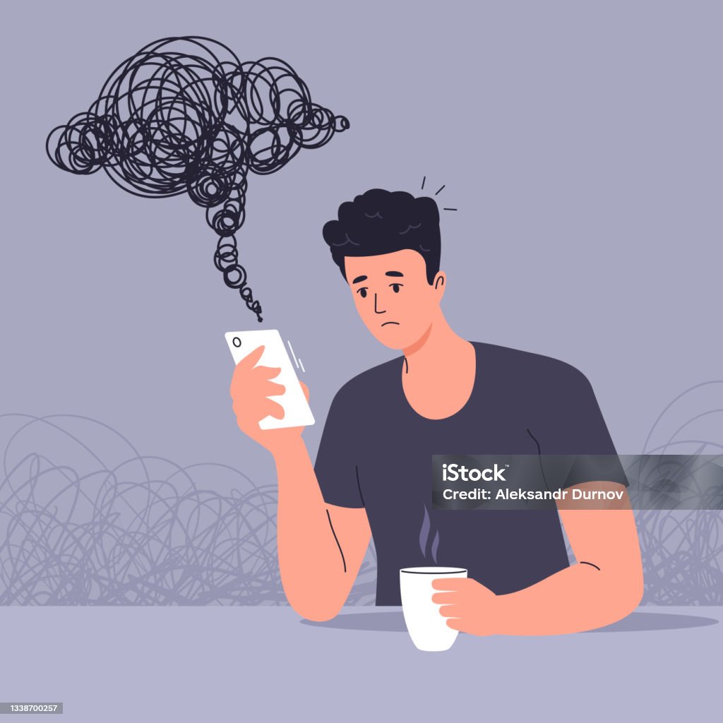 Young man reads bad news on smartphone and is sad. Upset man looking at smartphone screen. The negative influence of social media. Depressed mood. Vector illustration Social Media stock vector