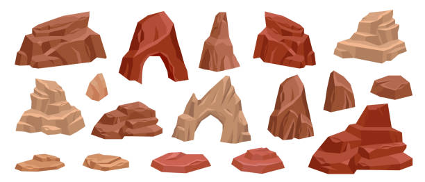 desert rock cartoon vektor set, stein canyon landschaft illustration, roter mexiko bogen boulder trockene klippe. - stone nature eroded cliff stock-grafiken, -clipart, -cartoons und -symbole