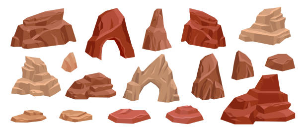 Desert rock cartoon vector set, stone canyon landscape illustration, red Mexico arch boulder dry cliff. Game nature environment design element, brown drought cracked mountain. Western land desert rock boulder rock stock illustrations