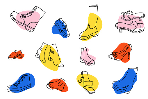 Shoes line icons set with abstract colored shapes. Women's footwear outline. Vector illustration.