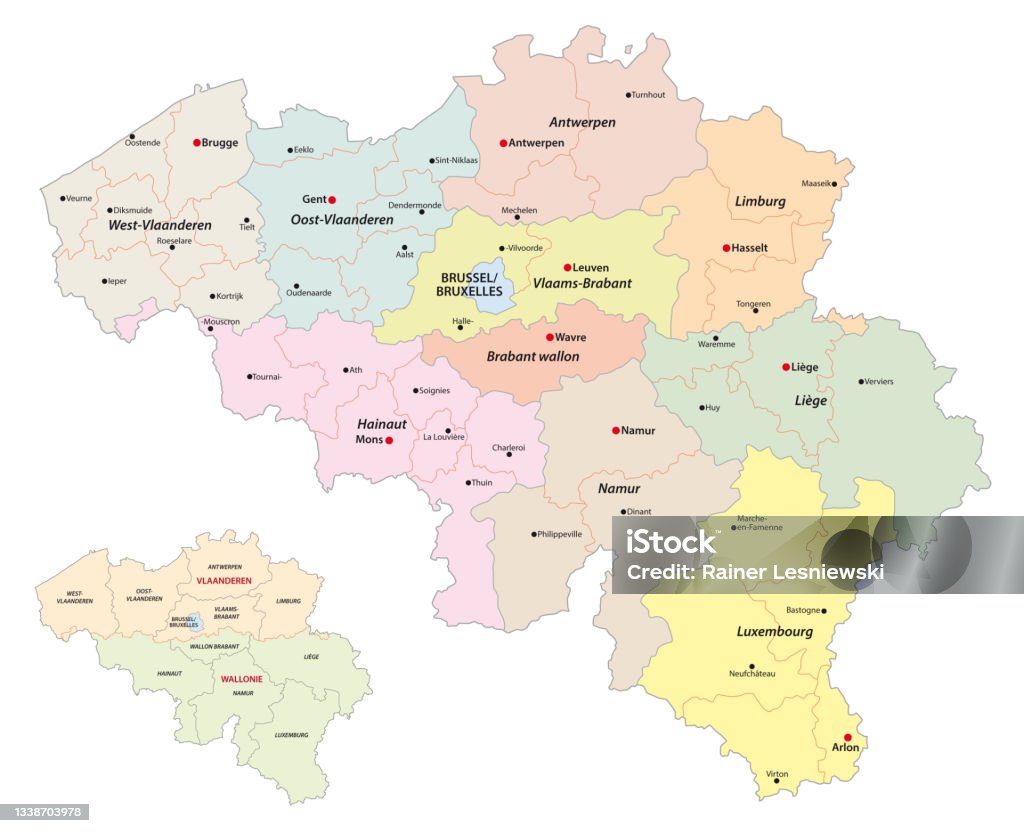administracyjna mapa wektorowa regionów, prowincji i powiatów Belgii - Grafika wektorowa royalty-free (Belgia)