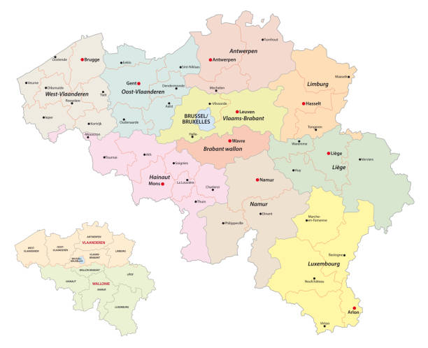 administracyjna mapa wektorowa regionów, prowincji i powiatów belgii - belgia stock illustrations