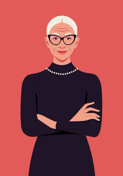 Vector illustration of Portrait of an elderly fashionable woman with crossed arms.