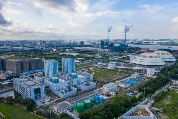 fotografia aerea della centrale elettrica nella zona industriale di guangzhou - industrial district foto e immagini stock