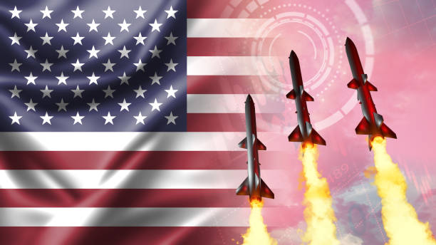 Modern strategic missiles forces concept with United States flag. US supersonic missile attack - military industrial, 3D illustration. anti aircraft photos stock pictures, royalty-free photos & images