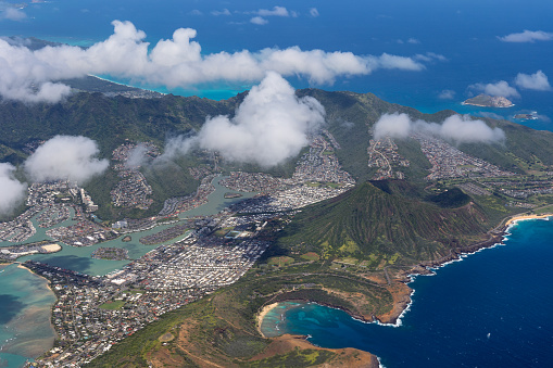 Aerial View of the Eastern end of Oahu in the Hawaiian Islands, Visible in this frame are  Hanauma Bay and Koko Crater
