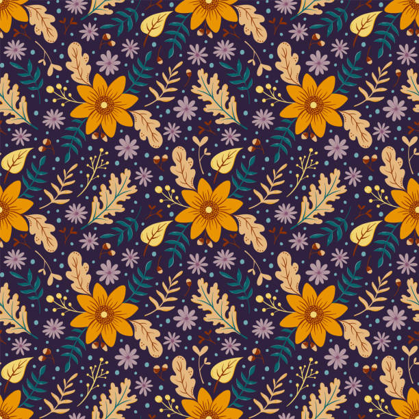 słonecznikowy jesienny bezszwowy wzór. kwiatowe tło z jesiennymi liśćmi i kolorowymi kwiatami na ciemnym tle - sunflower field flower yellow stock illustrations