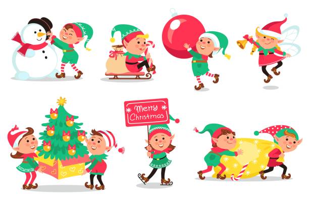 크리스마스 엘프. 만화 재미있는 마법의 생물, 산타 클로스의 작은 도우미, 크리스마스 노임, 선물과 장난감을 가진 아이들, 벡터 세트 - 요정 stock illustrations