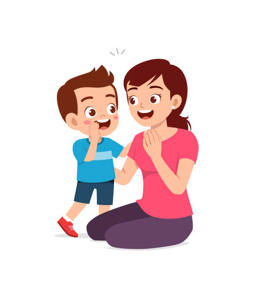 ilustrações de stock, clip art, desenhos animados e ícones de young woman whisper secret with cute little boy - mãe filho conversa
