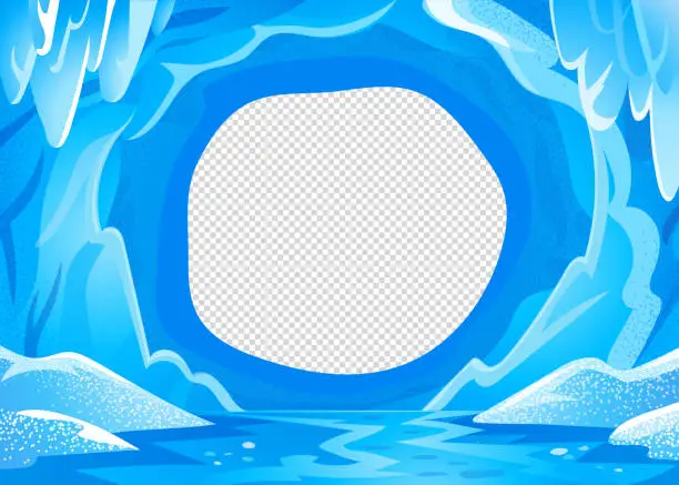 Vector illustration of Ice cave landscape. Blue snowy winter background - Panoramic landscape with frozen icy cavern. Vector illustration in flat cartoon style