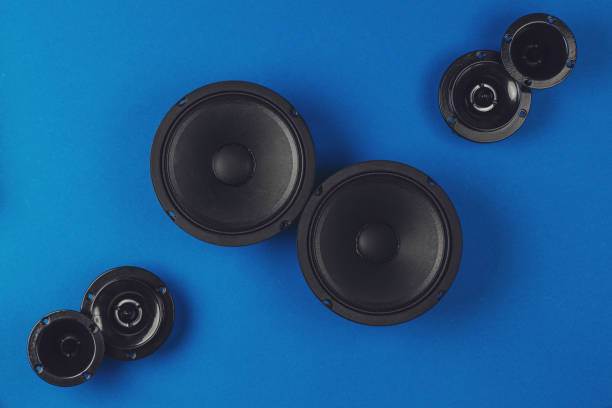 istock Car audio system. A set of speakers on a blue background 1338714923