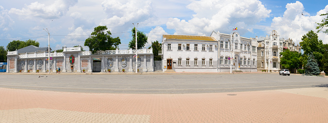 July 8, 2021: Panorama of the central street of the city of Yevpatoria with the city hall. Yevpatoria. Crimea.