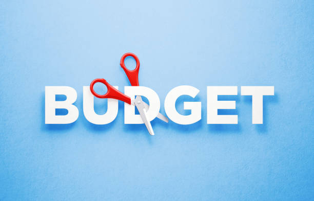 istock Cutting Budget Concept - Scissors Cutting The Word Budget Over Blue Background 1338717613