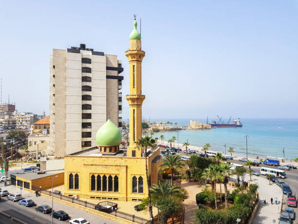 サイダ海の景色と黄色のモスク - sidon ストックフォトと画像
