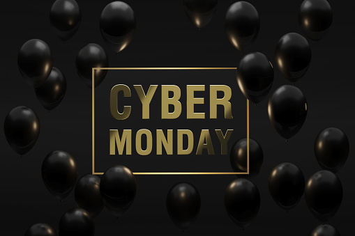 Gold Cyber Monday text sitting in the midst of black balloons over black background. Horizontal composition with copy space. Front view. Great use for Cyber Monday concepts.
