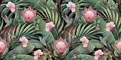 istock Tropical seamless pattern with hummingbirds, protea, hibiscus flowers, banana leaves, palm, monstera. 1338720603