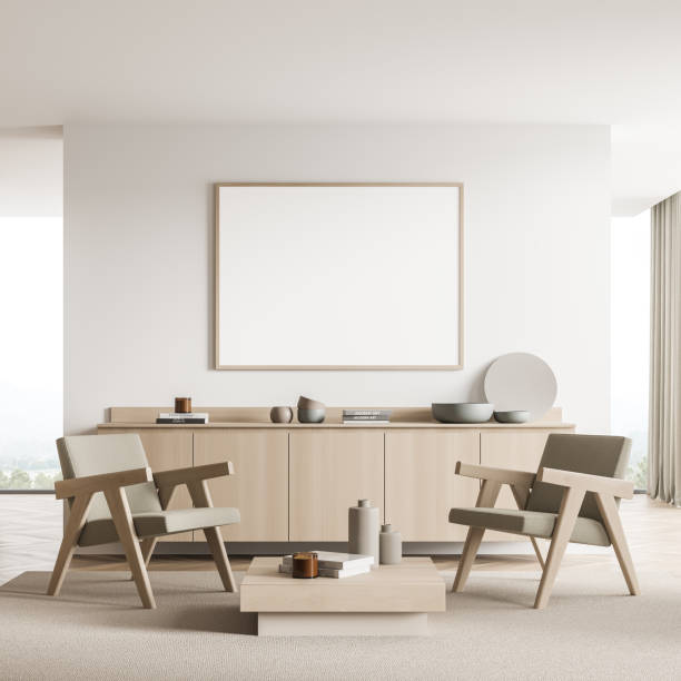 istock Banner in the light beige seating area with partition wall and armchairs 1338720607