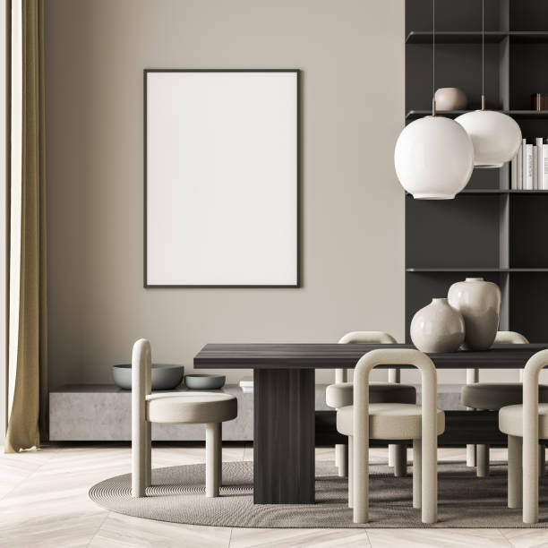 istock Living room interior with white empty poster, table, five chairs 1338721514