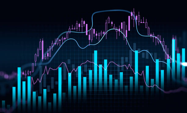 istock Blue and violet forex charts in dark blue space 1338721567