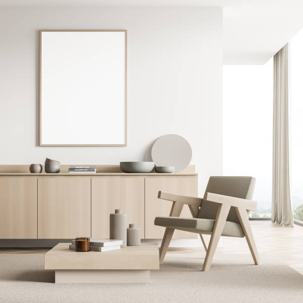 istock Banner in the panoramic light beige seating area with wall partition, armchair 1338721605