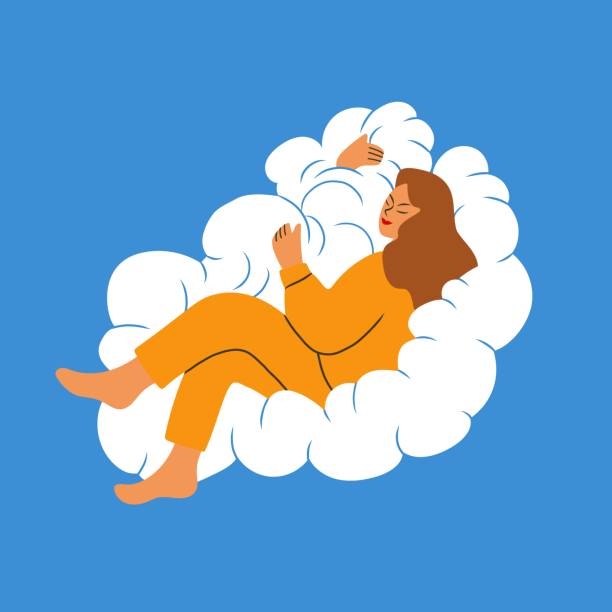 ilustrações de stock, clip art, desenhos animados e ícones de woman sleeping on a cloud. sweet dreams concept. vector illustration in flat cartoon style. - dormir ilustrações