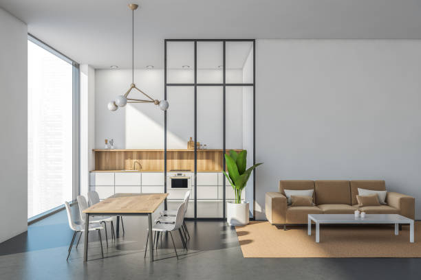 istock White and beige dining room, living room and kitchen behind a partition 1338722361