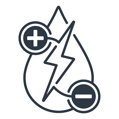 Electrolyte Water flat icon for mineral drinks or other beverages - electric ions in drop. Vector emblem in thin line