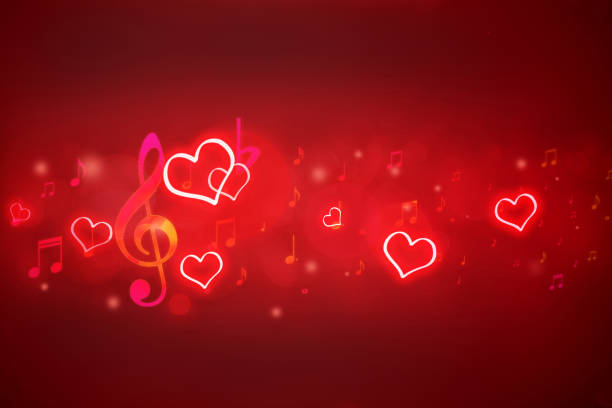 glowing notes and hearts on red background with bokeh