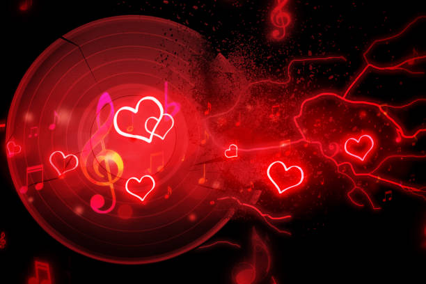 old vinyl record in red light with cracks and splinters, lightning and notes on on black background