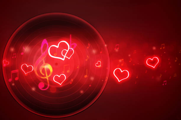 old vinyl record, hearts and music notes on red background with bokeh