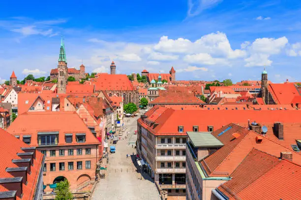 Nuremberg, Germany. The rooftops of the Old Town with the Kaiserburg in the background.