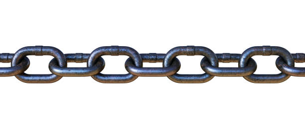 istock Rusty old chain close up and isolated on white background. Wide horizontal composition. 1338726255