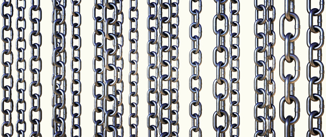 Many rough chains hanging vertically, isolated on white background. Wide horizontal composition.