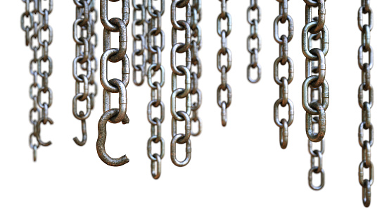 Many rusty broken chains hanging vertically and isolated on white background.