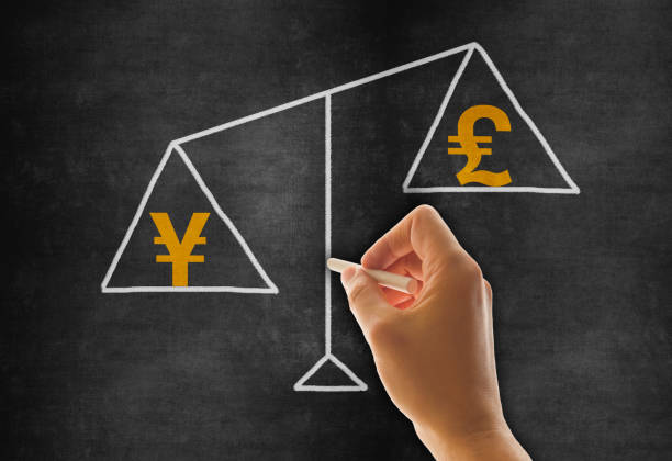 istock Hand drawing scale concept, Yen and Pound symbol unbalanced 1338727480